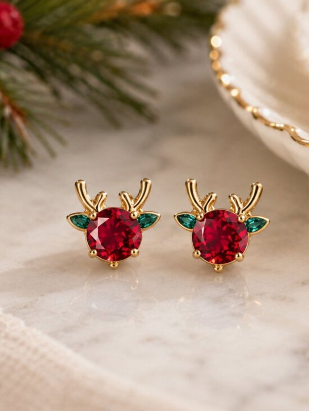 Reindeer Rudolph Stud Earrings Red Green Gold Tone Holiday Jewelry NWT